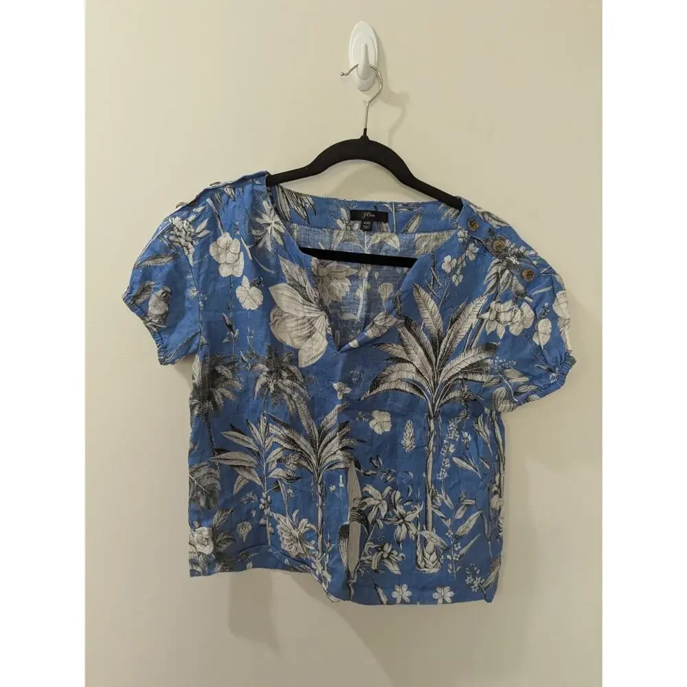 J Crew Linen Blue Tropical Print Top - Picture 2 of 6